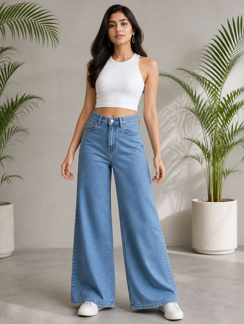 women plain mid rise wide leg jeans - 22512796 -  Standard Image - 4