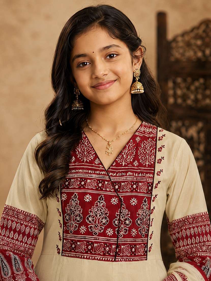 girls printed three quarter sleeves anarkali kurta - 22512825 -  Standard Image - 1