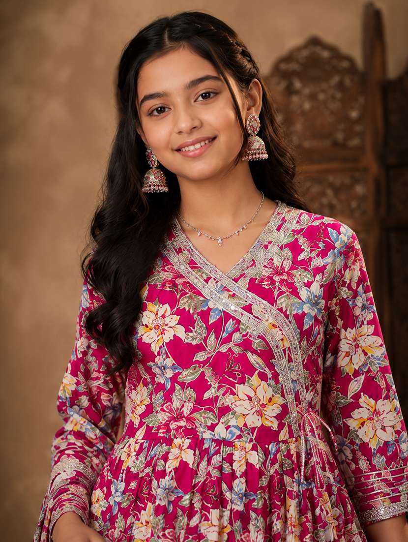 girls printed three quarter sleeves kurta and pant set - 22512827 -  Standard Image - 1
