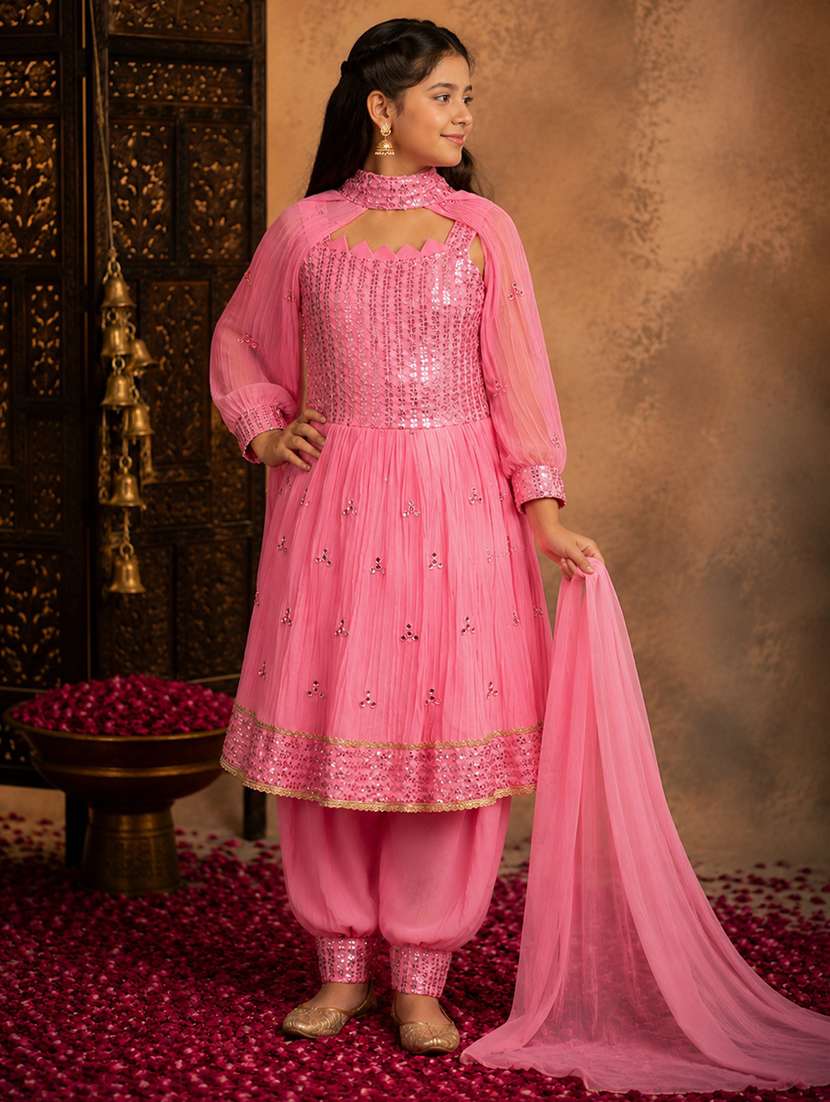 girls embroidered sleeveless kurt aand salwar set with detachable sleeve