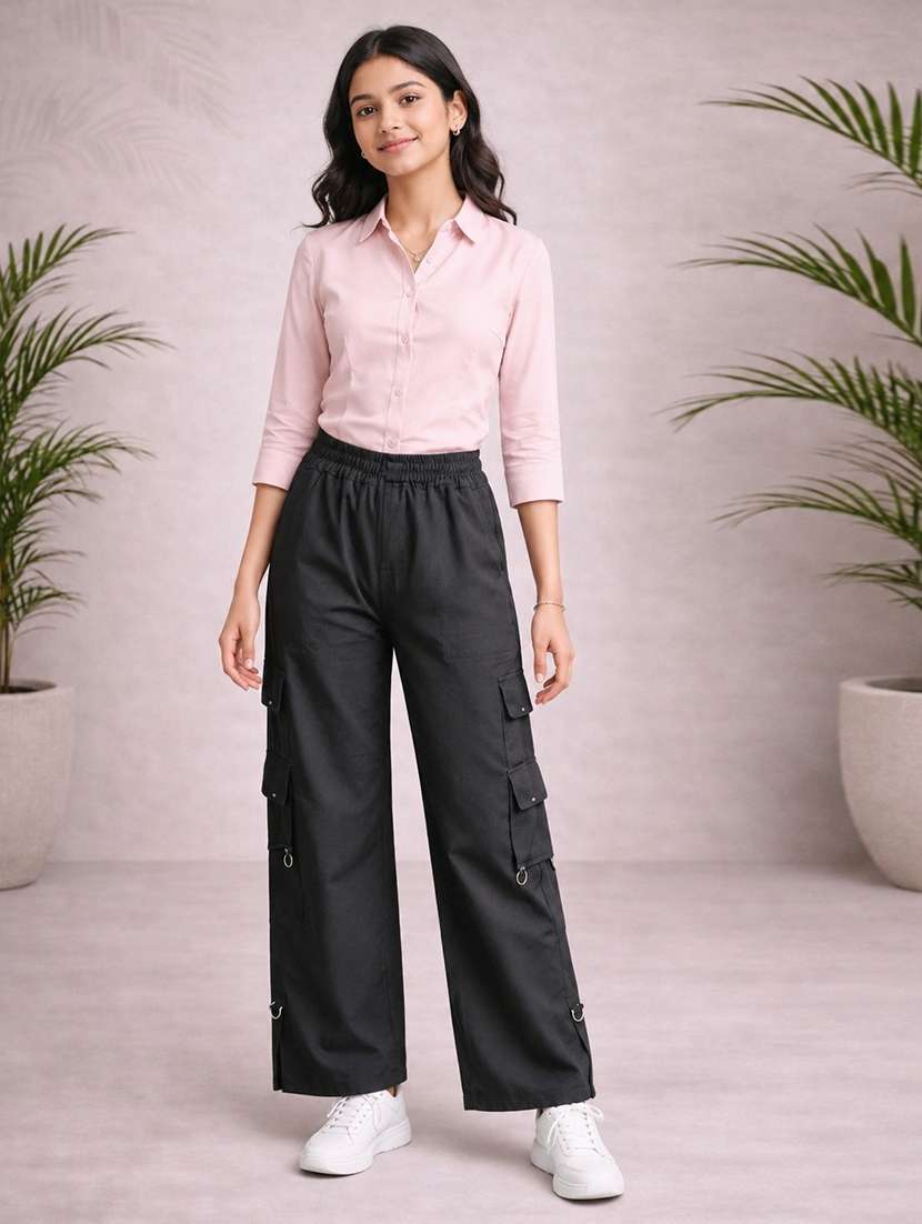 girls solid mid rise cargo pant - 22512837 -  Standard Image - 4