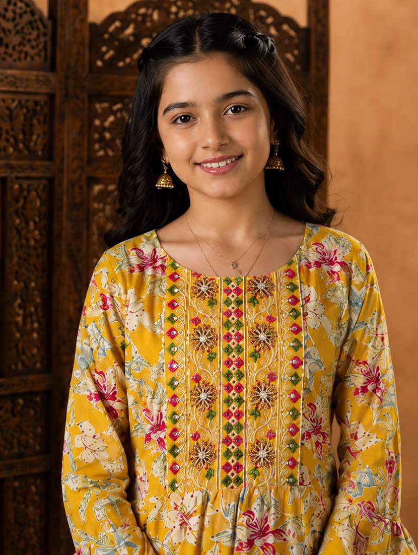 girls printed round neck tiered kurta - 22512871 -  Standard Image - 1