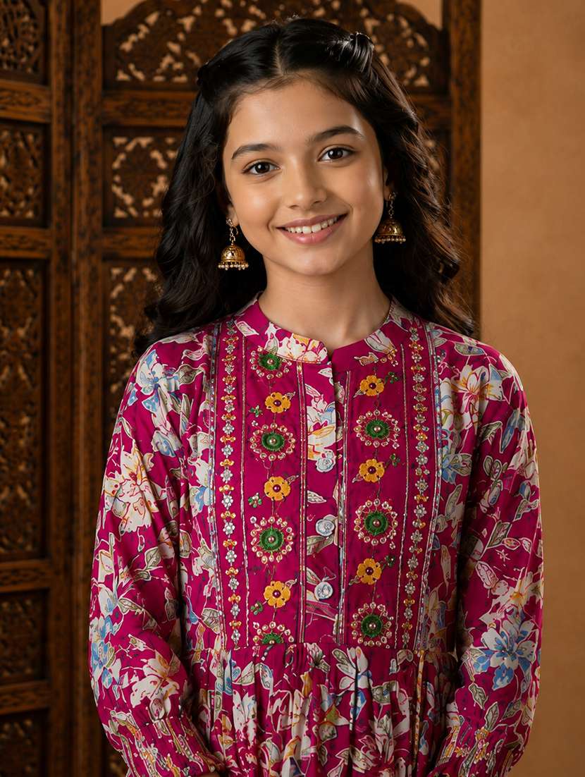 girls printed mandarin neck tiered kurta - 22512873 -  Standard Image - 1