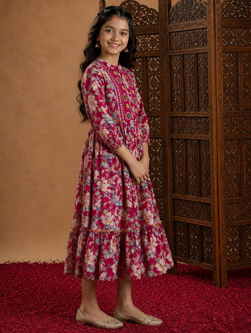 girls printed mandarin neck tiered kurta - 22512873 -  Standard Image - 4
