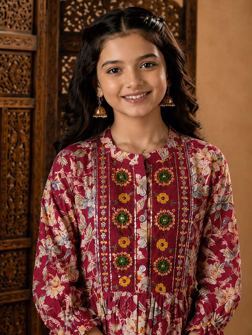 girls printed mandarin neck tiered kurta - 22512881 -  Standard Image - 1