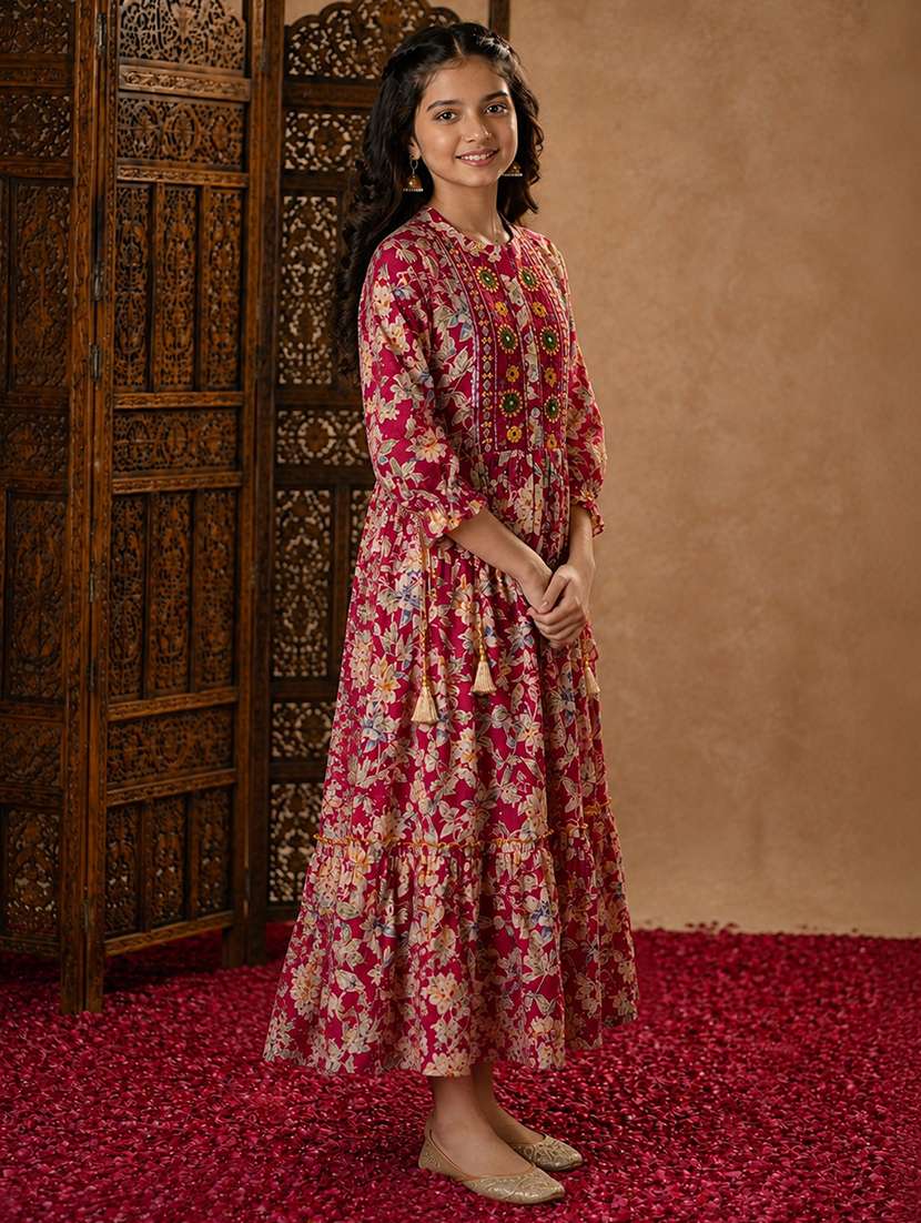 girls printed mandarin neck tiered kurta - 22512881 -  Standard Image - 4