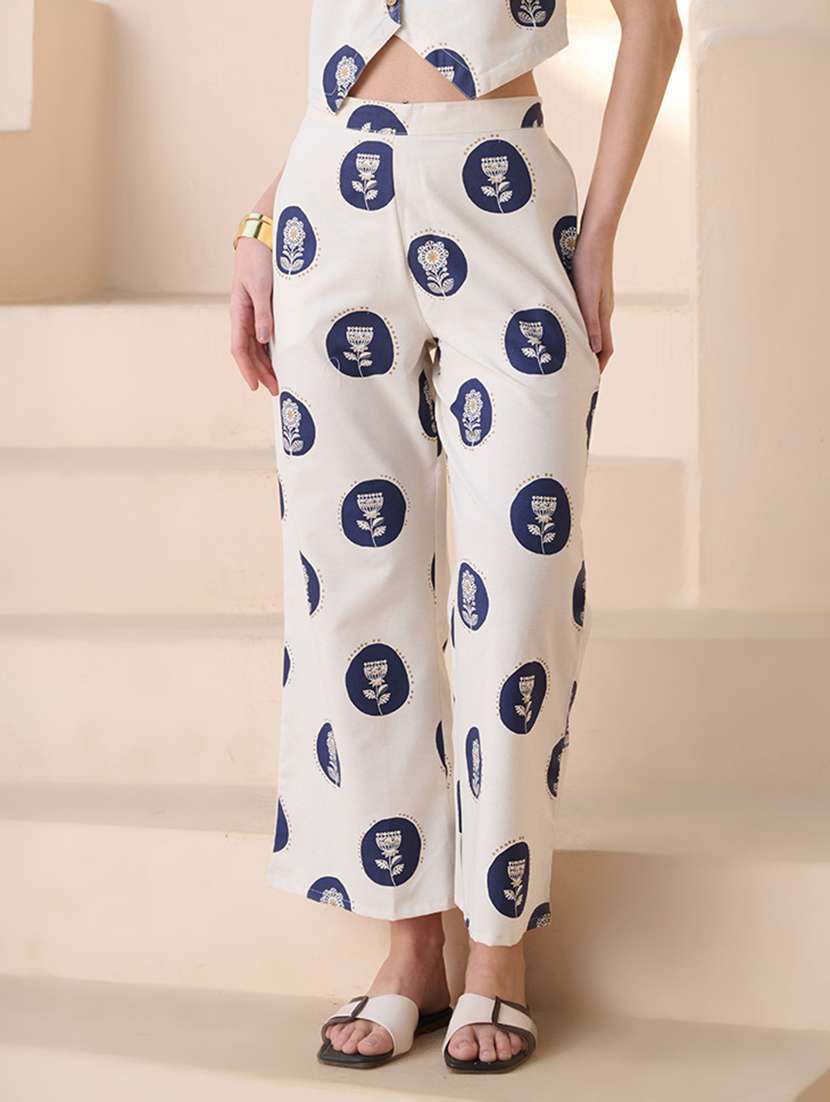 women printed mid rise wide leg trouser