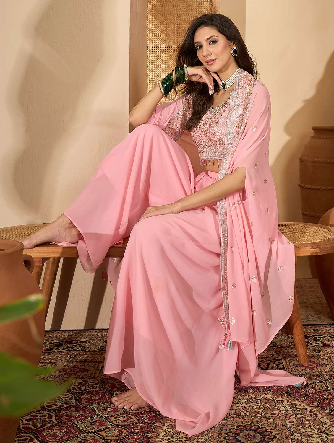 Women Embroidered V Neck Top And Palazzo With Shrug - 22512984 -  Standard Image - 4