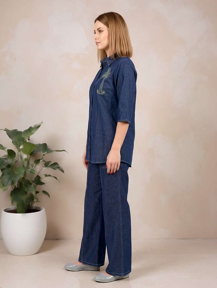 women embroidered collared shirt and trouser co-ord set - 22513454 -  Standard Image - 1