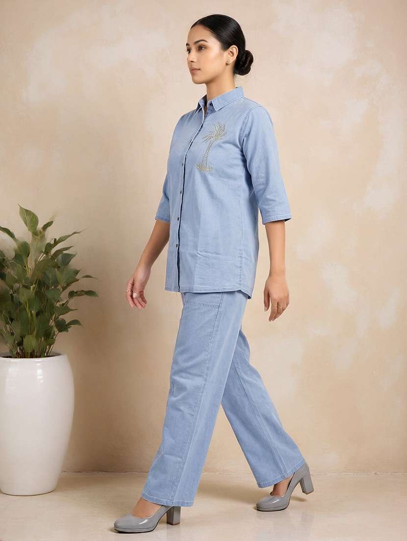 women embroidered collared shirt and trouser co-ord set - 22513455 -  Standard Image - 1