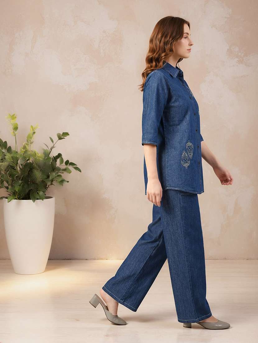 women embroidered short sleeves shirt and trouser co-ord set - 22513456 -  Standard Image - 1
