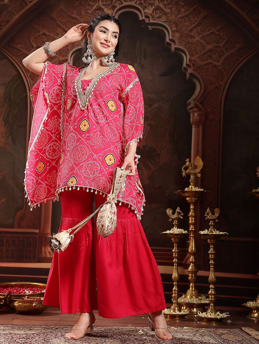women printed v neck kaftan and sharara set