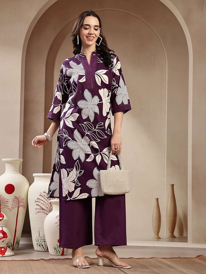 women printed mandarin neck kurta and palazzo set