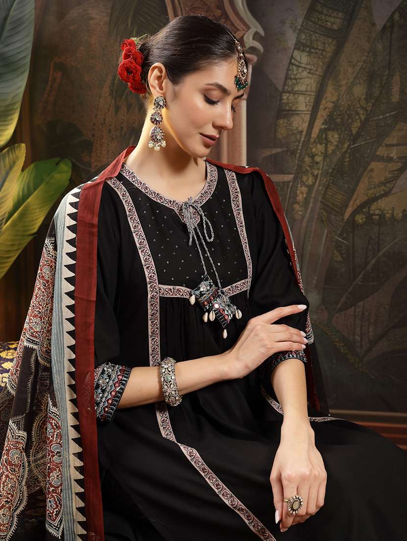women embellished tie up neck kurta and palazzo set with dupatta - 22513565 -  Standard Image - 1