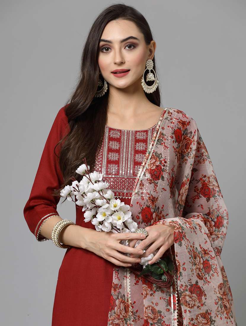 women embroidered three quarter sleeve kurta pant with dupatta set - 22513802 -  Standard Image - 1