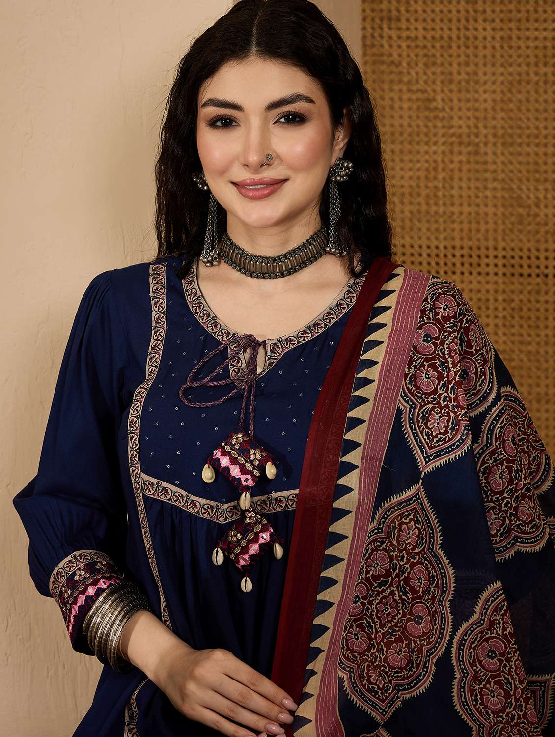 women embellished tie up neck kurta and pant set with dupatta - 22513847 -  Standard Image - 1