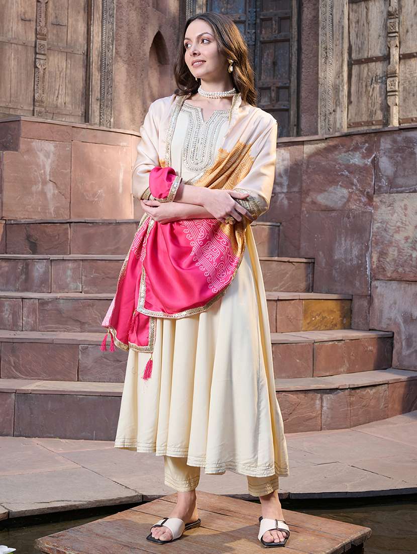 women embroidered notch neck kurta and pant set with dupatta