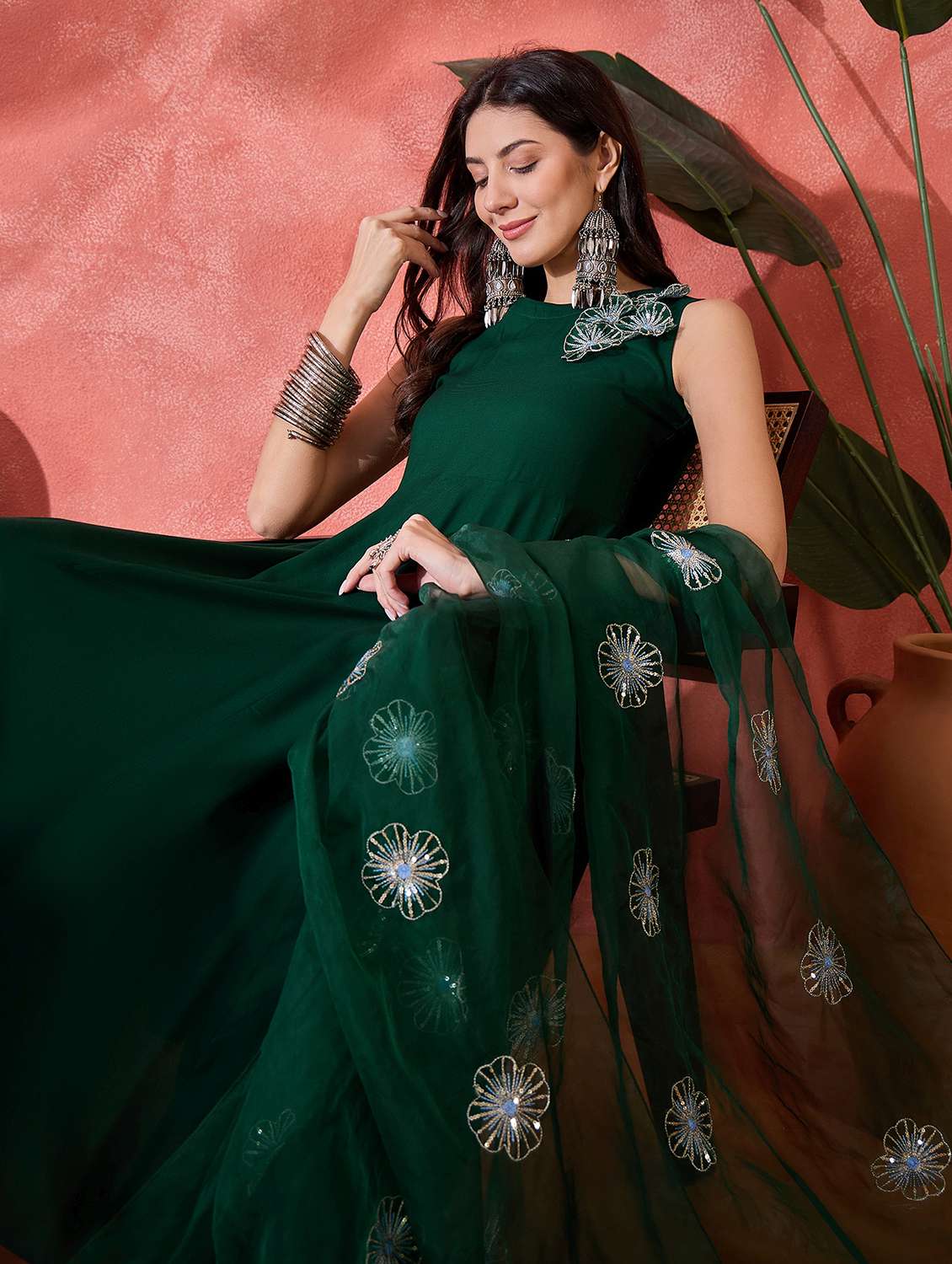 women solid with work round neck kurta and palazzo set with dupatta - 22513883 -  Standard Image - 1