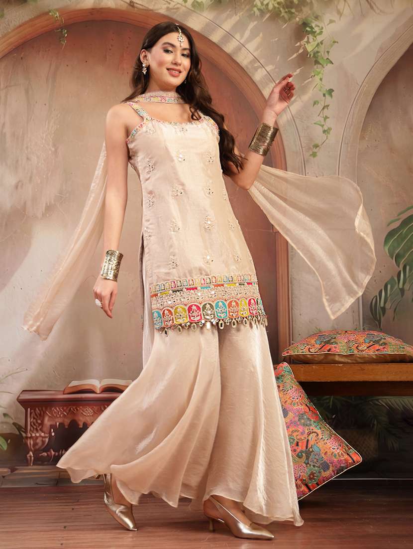 Women Embroidered Shoulder Strap Kurta And Palazzo Set With Dupatta - 22513902 -  Standard Image - 4