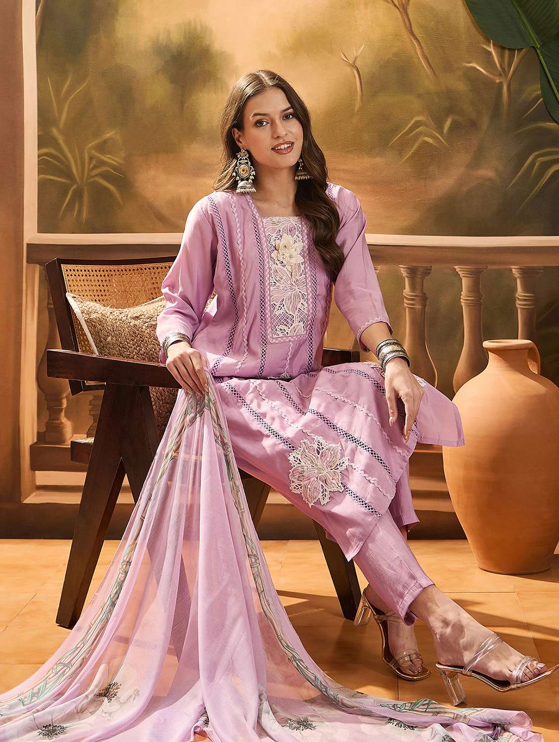 women printed three quarter sleeves kurta pant set with dupatta - 22513992 -  Standard Image - 4