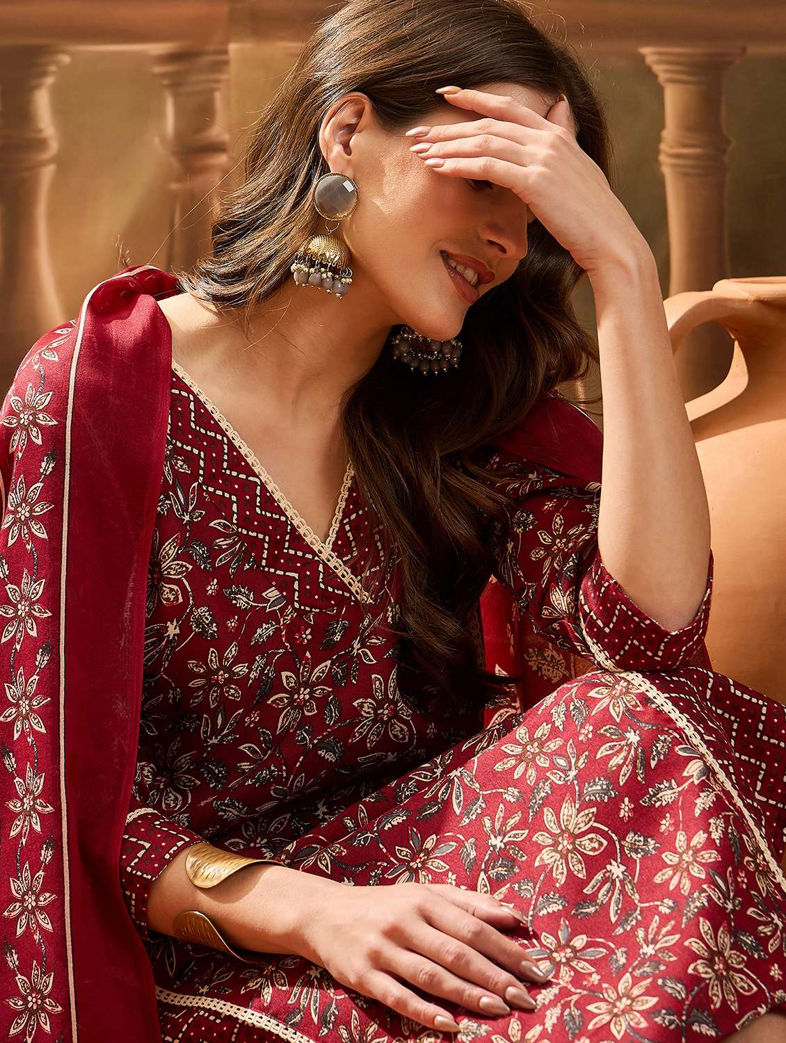 women printed three quarter sleeves kurta pant set with dupatta - 22514013 -  Standard Image - 1