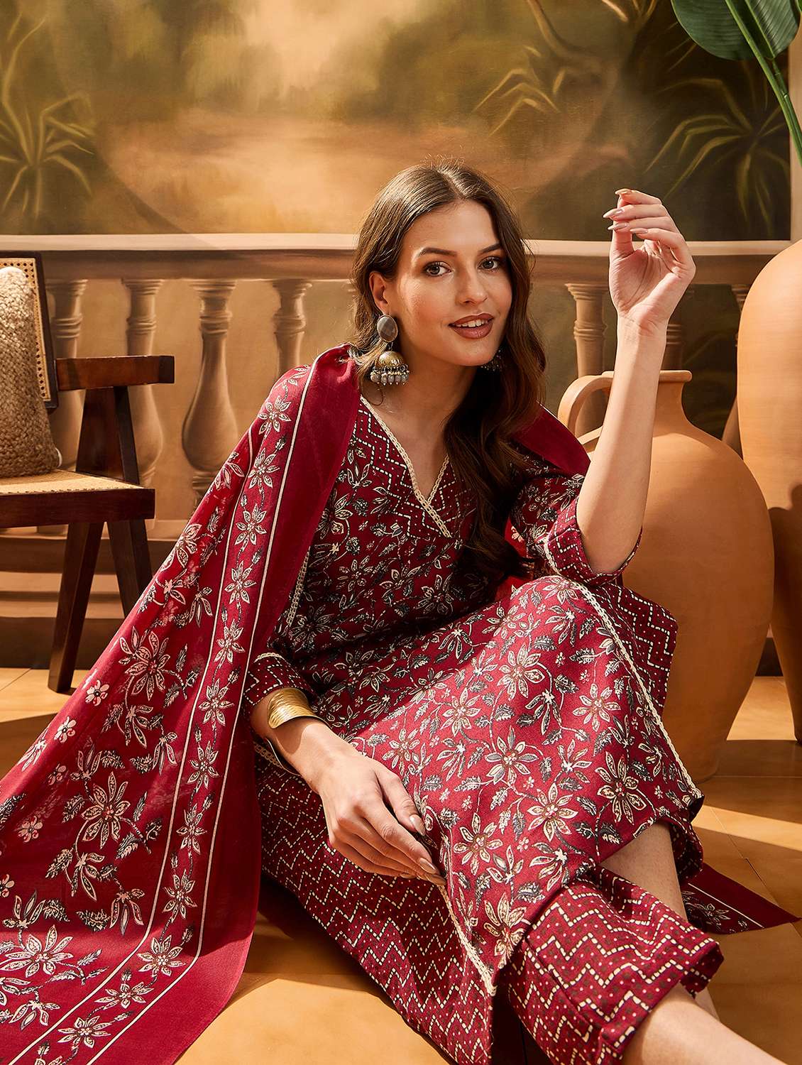 women printed three quarter sleeves kurta pant set with dupatta - 22514013 -  Standard Image - 4
