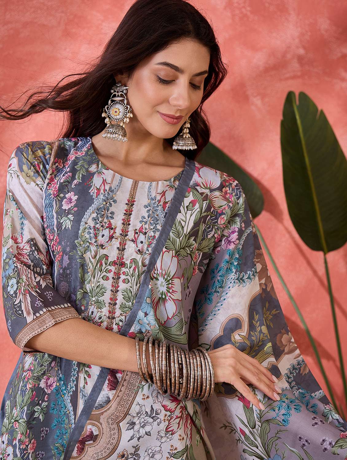 women printed three quarter sleeves kurta pant set with dupatta - 22514040 -  Standard Image - 1