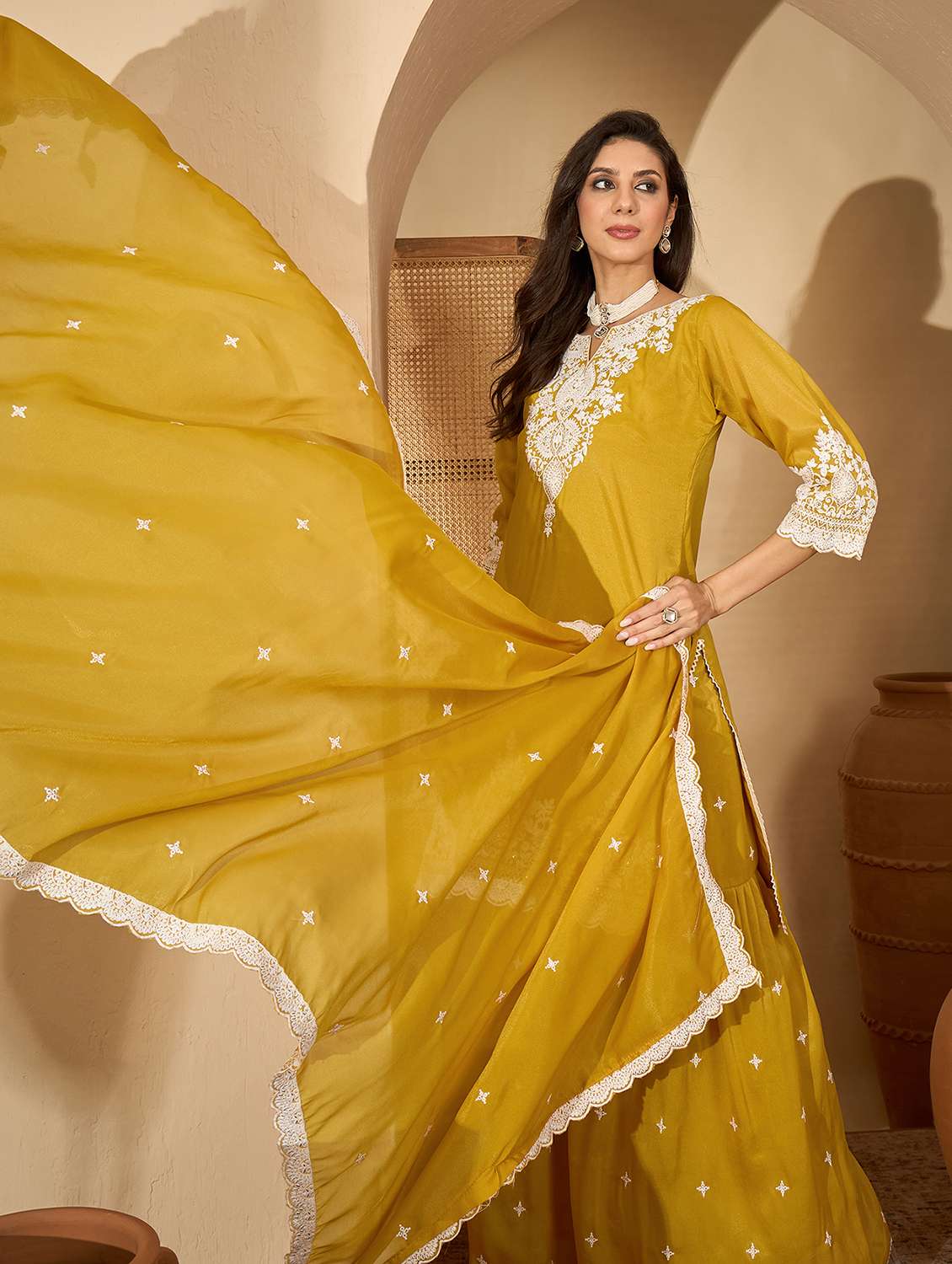 women embroidered three quarter sleeve kurta sharara with dupatta set - 22514148 -  Standard Image - 4