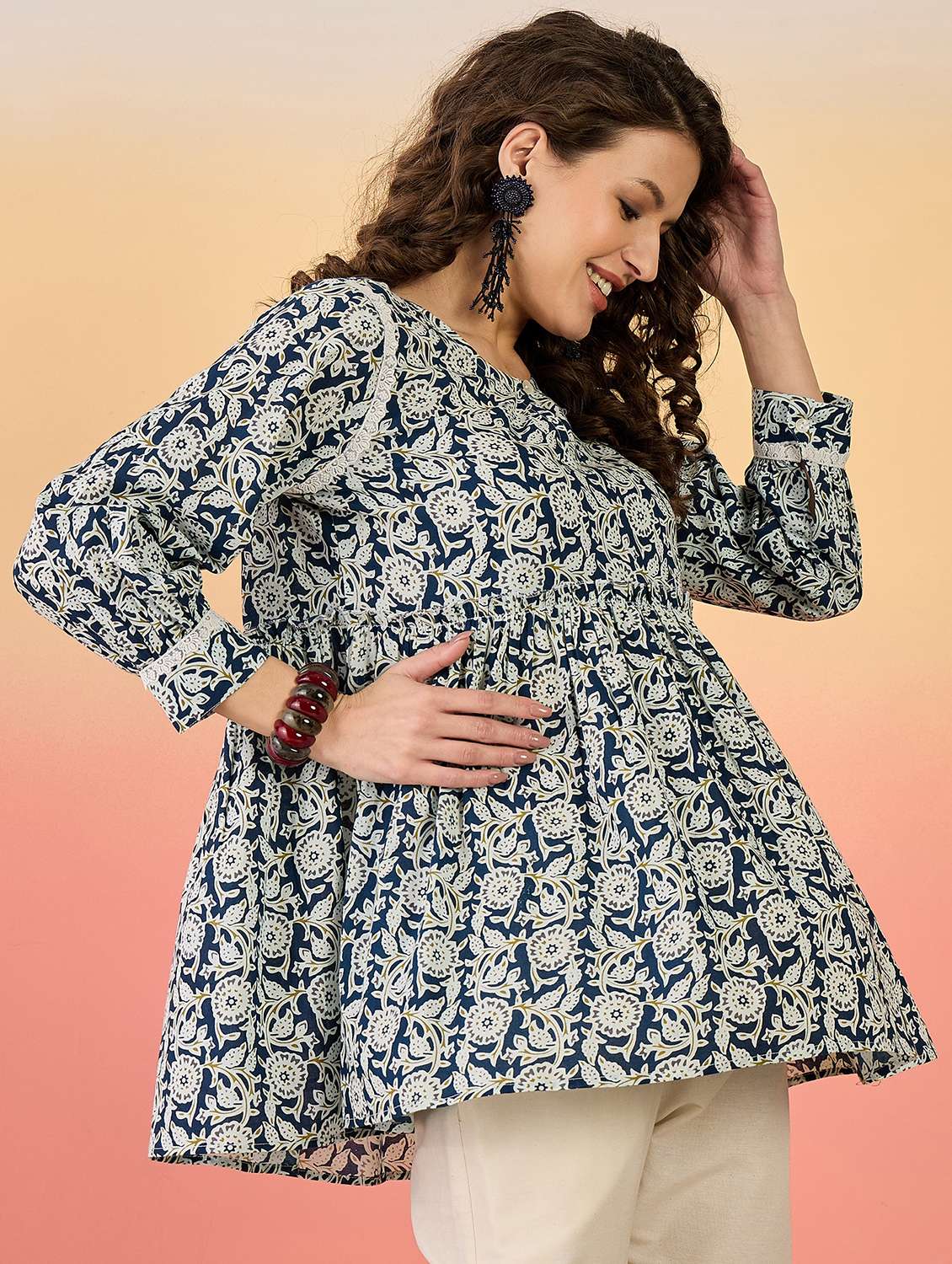 women printed three quarter sleeve ethnic top - 22514362 -  Standard Image - 4