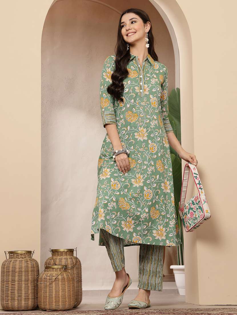 women printed collared kurta and pant set