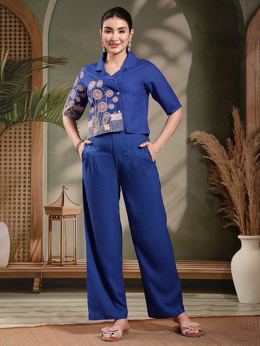 women embroidered short sleeves shirt and trouser co-ord set