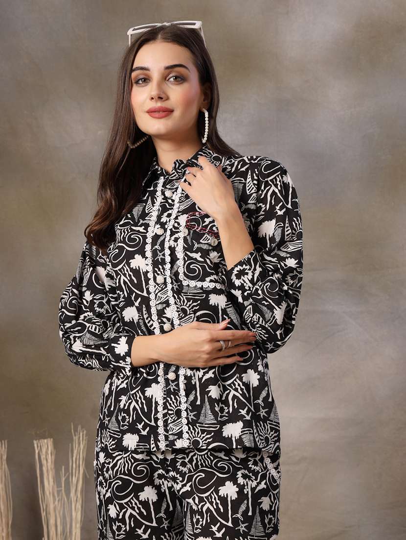 women printed three quarter sleeves shirt and trouser co-ord set - 22514491 -  Standard Image - 1