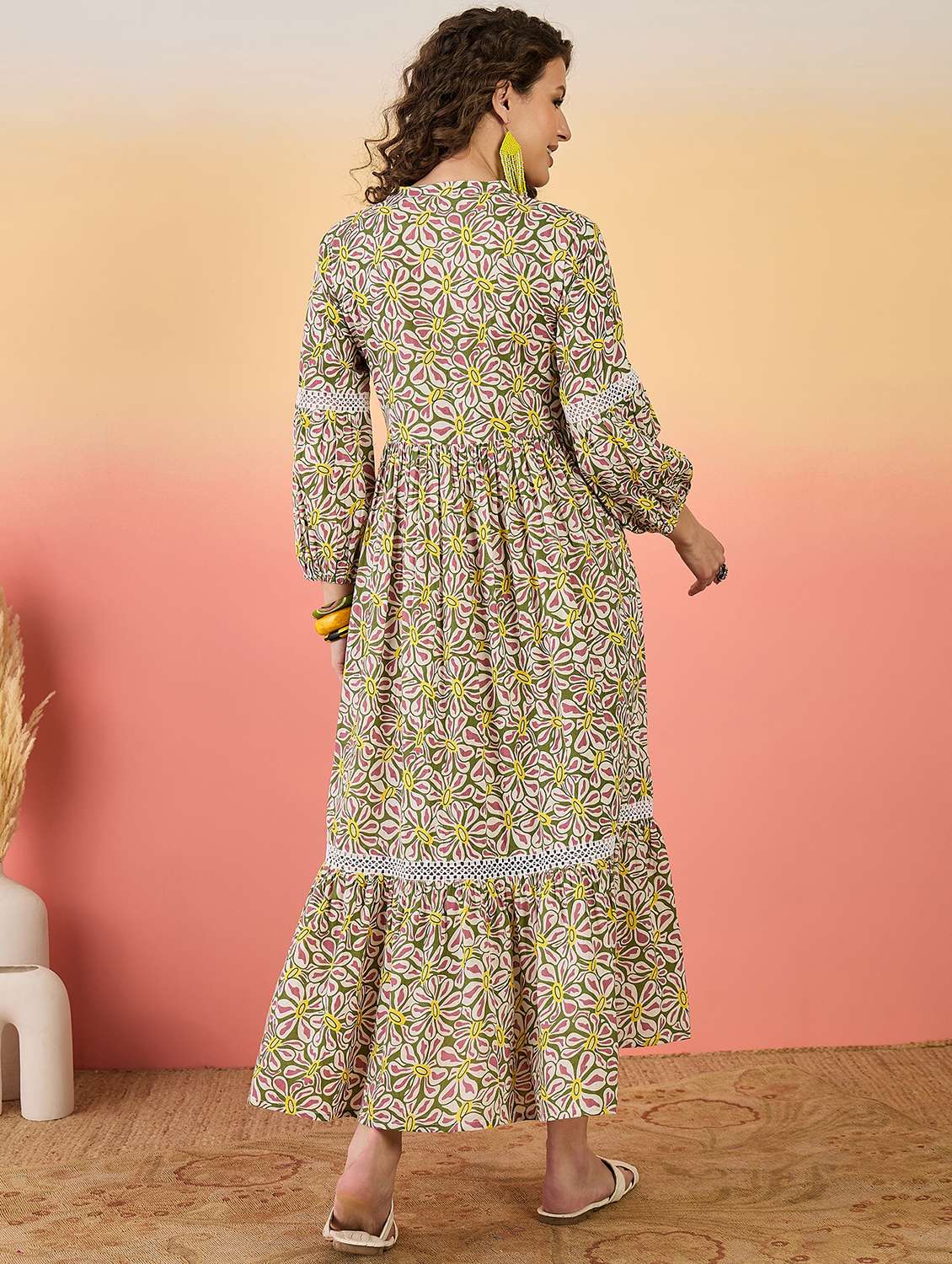 women printed three quarter sleeves tiered dress - 22514545 -  Standard Image - 4
