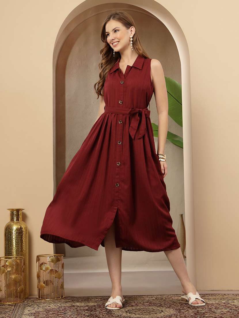 women solid sleeveless collared a-line dress - 22514582 -  Standard Image - 4