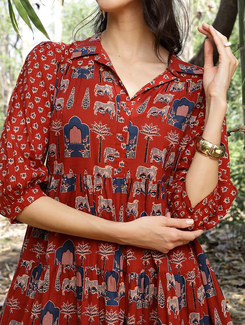 women printed collared tiered dress - 22514646 -  Standard Image - 1