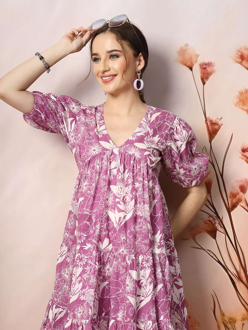 Women Printed V Neck Tiered Dress - 22514665 -  Standard Image - 1