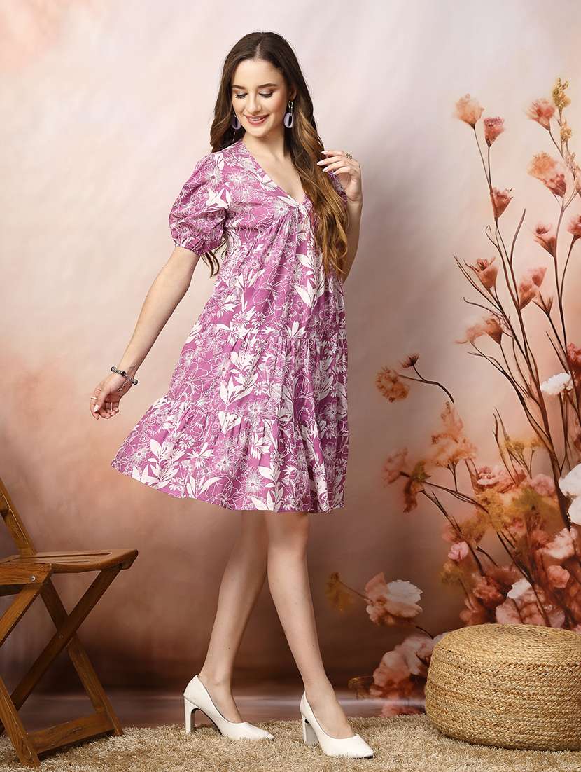 Women Printed V Neck Tiered Dress - 22514665 -  Standard Image - 4