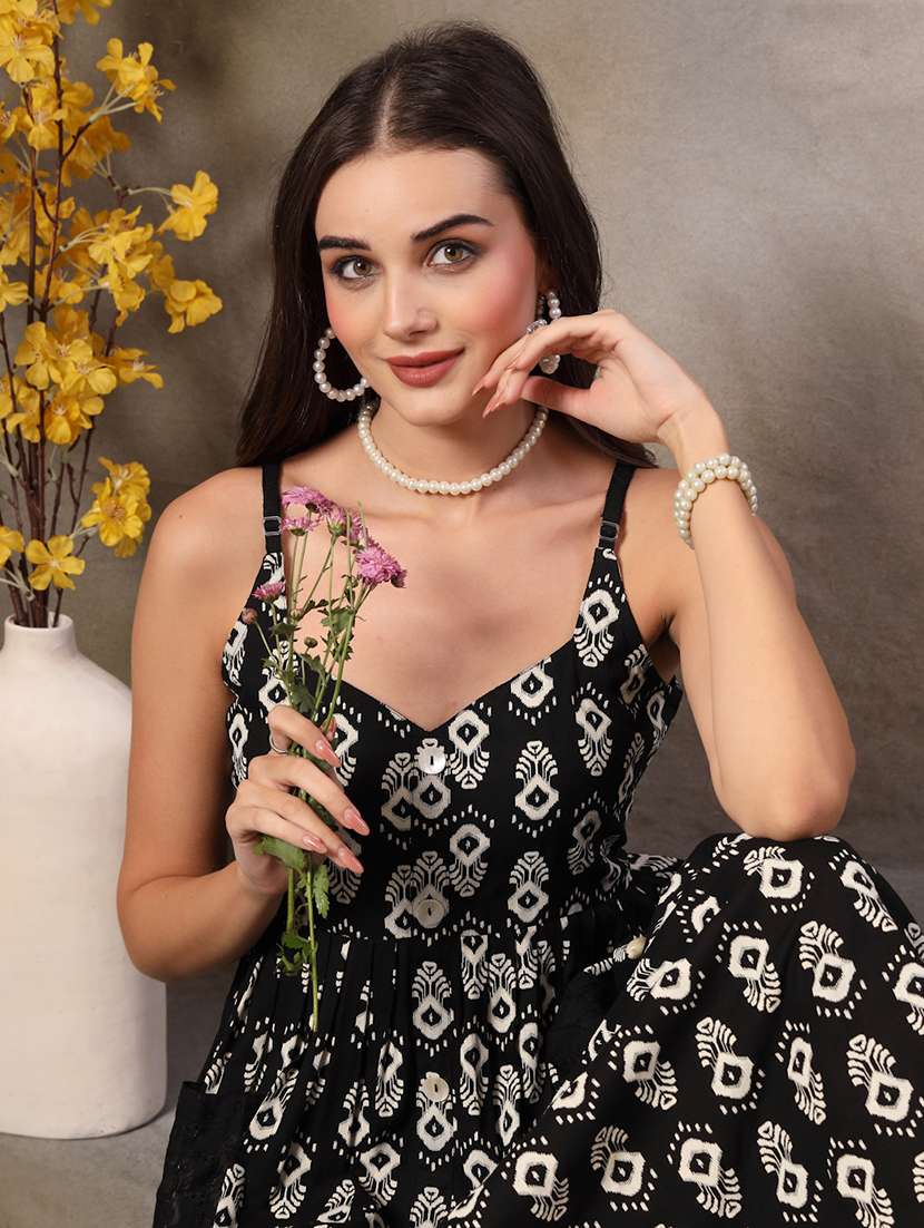 women printed shoulder strap fit and flare dress - 22514691 -  Standard Image - 1