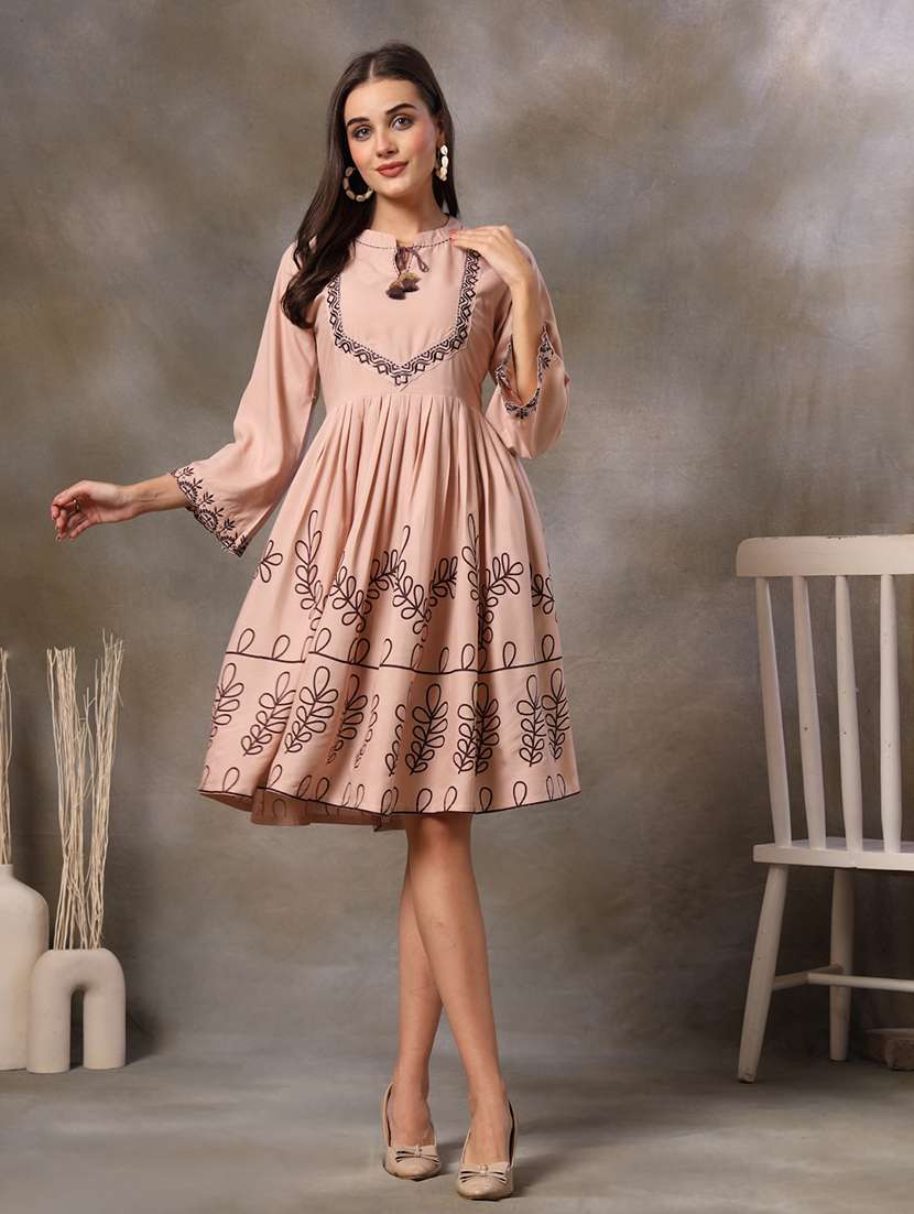 women embroidered mandarin neck fit and flare dress - 22514706 -  Standard Image - 1