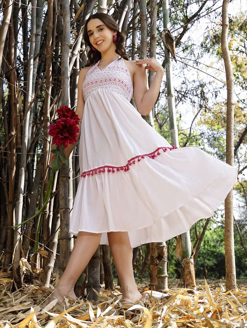 white embroidered sleeveless halter neck tiered midi dress