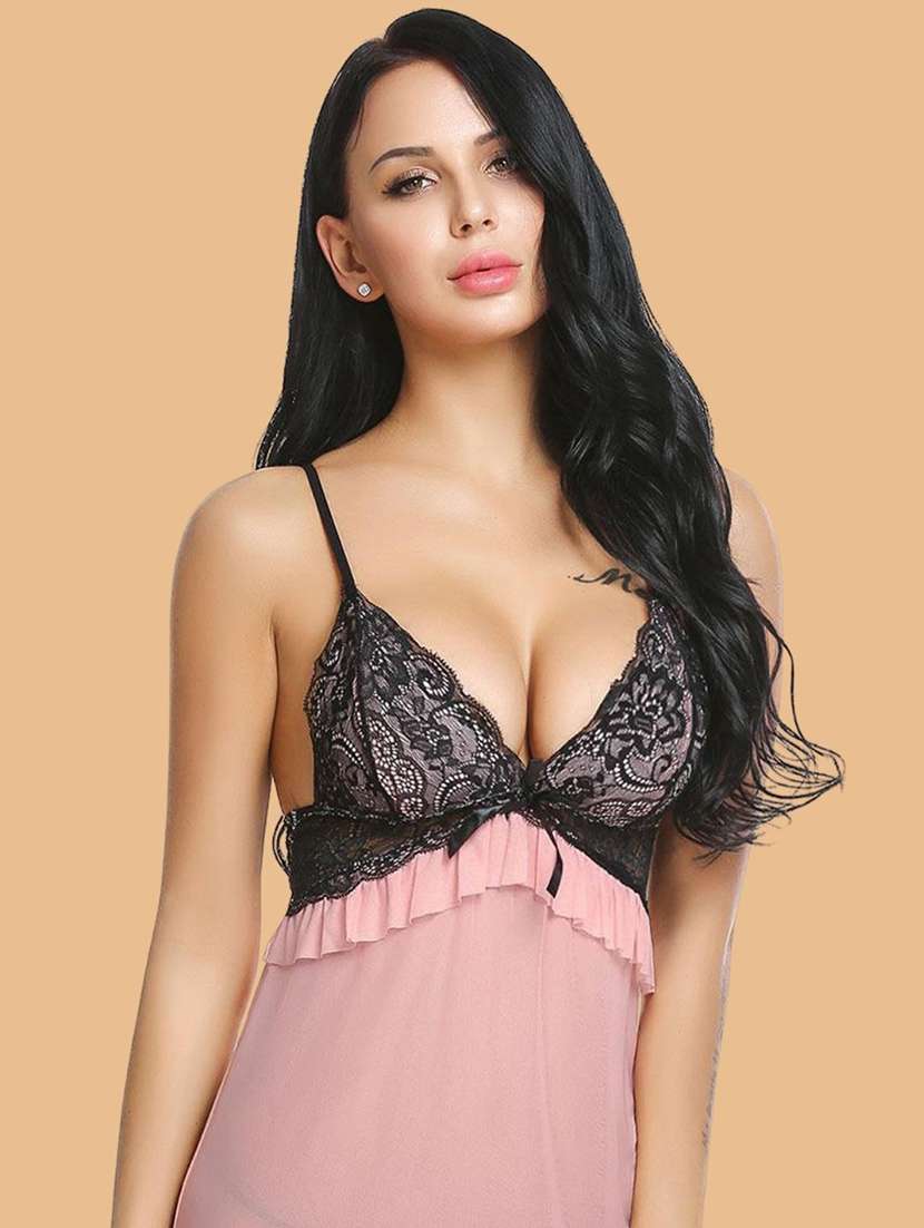 women self design shoulder strap babydoll set - 22514812 -  Standard Image - 1