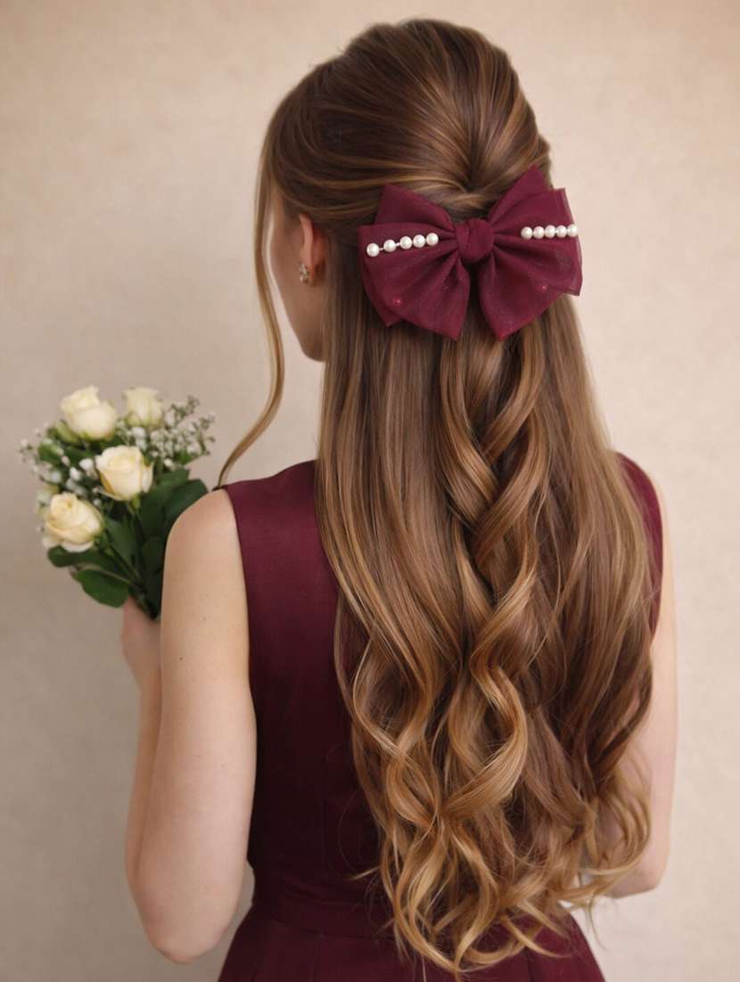 maroon organza bow hair clip with pearl detailing