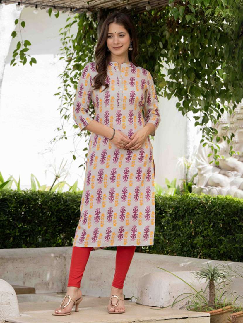 women printed three quarter sleeve straight kurta