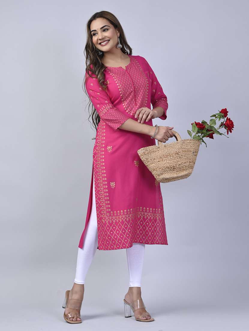 women printed three quarter sleeve straight kurta