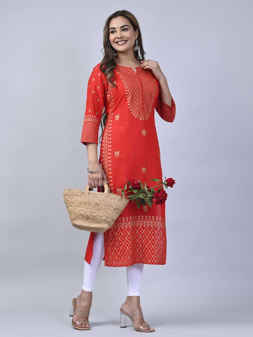 women printed three quarter sleeve straight kurta