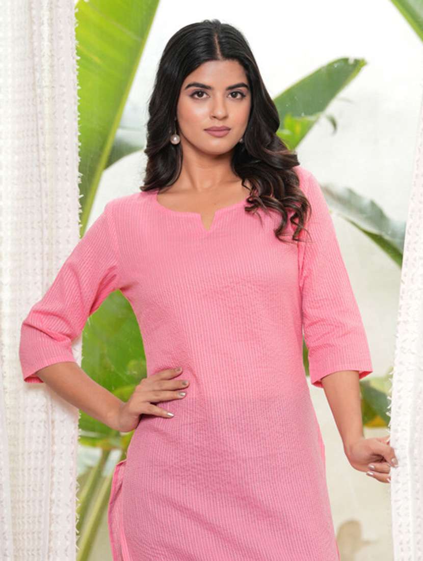 women self design three quarter sleeve straight kurta - 22514957 -  Standard Image - 1