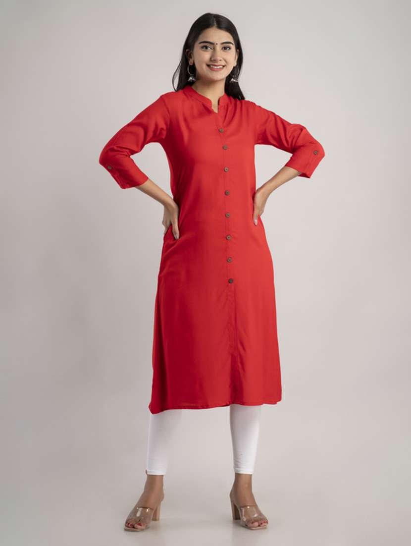 women solid three quarter sleeve a-line kurta