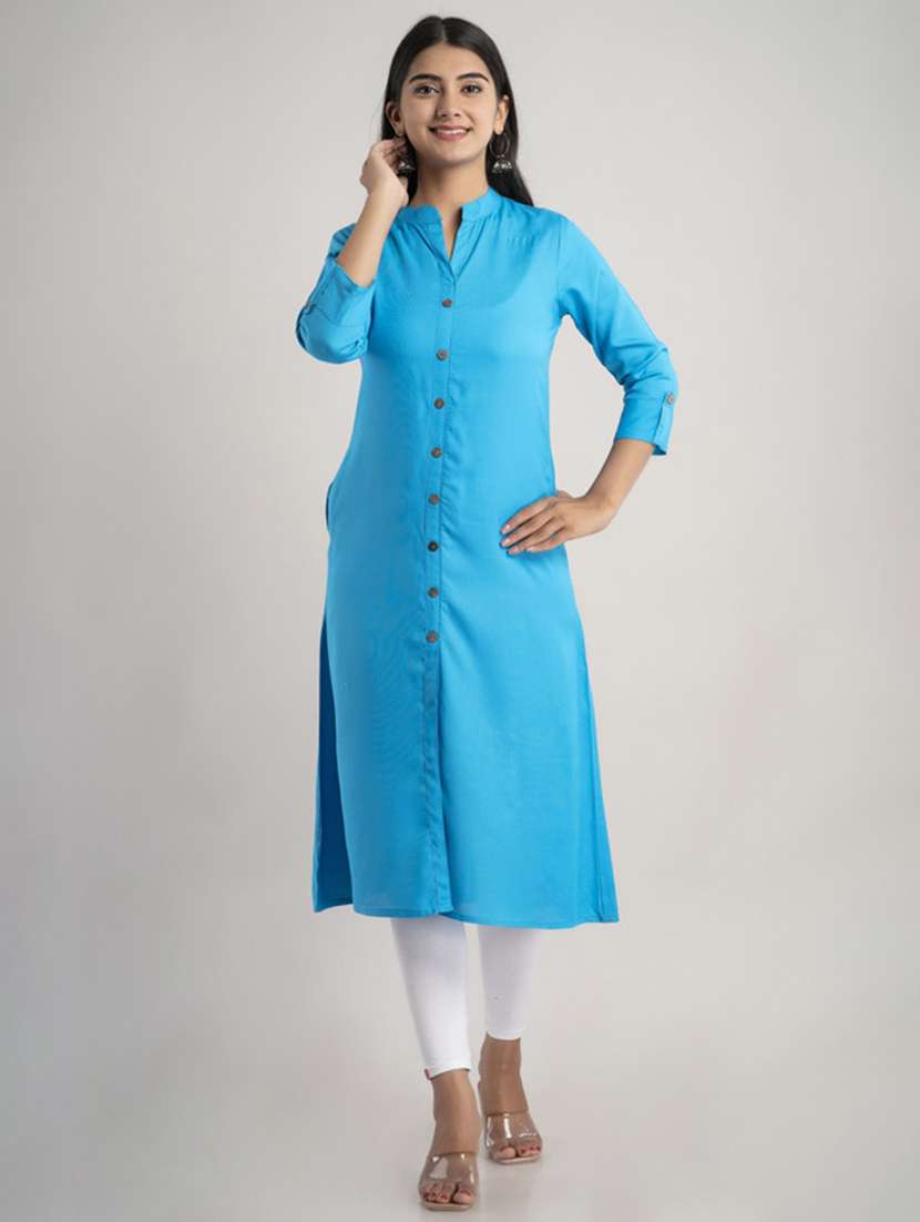 women solid three quarter sleeve a-line kurta
