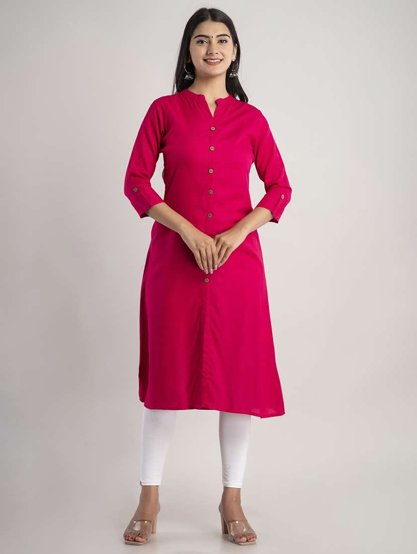 women solid three quarter sleeve a-line kurta