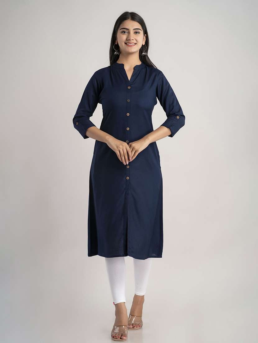 women solid three quarter sleeve a-line kurta